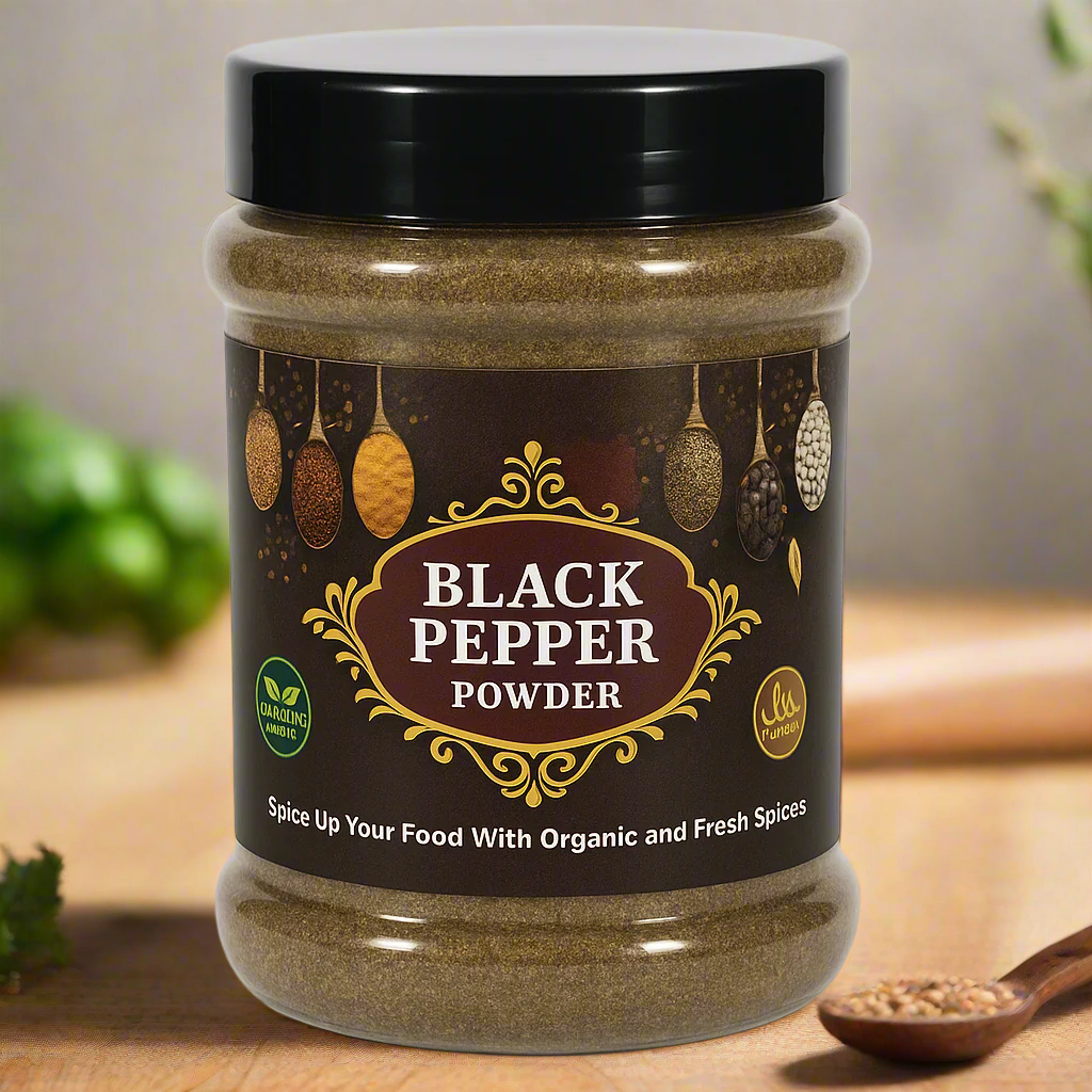 A container of Organic Black Pepper Powder with a label that includes decorative elements and text highlighting the product name and usage.